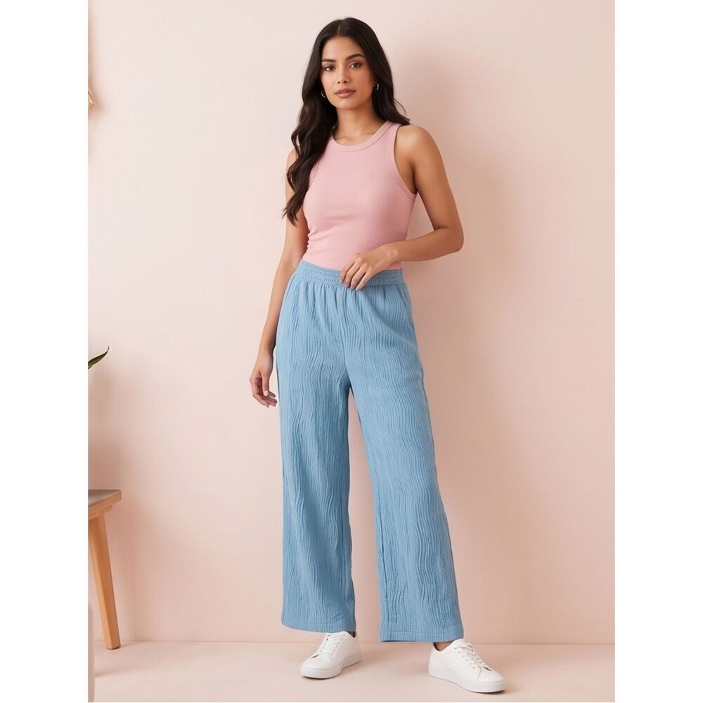 🛍️ PRETTYLITTLETHING Plus Blue Wave Plisse wide leg Palazzo pants NWT SIZE 18